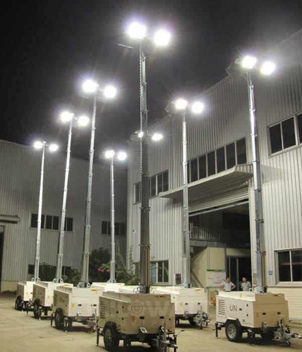 Benefits of the light tower: enhanced visibility, portability, energy efficiency, and durability.